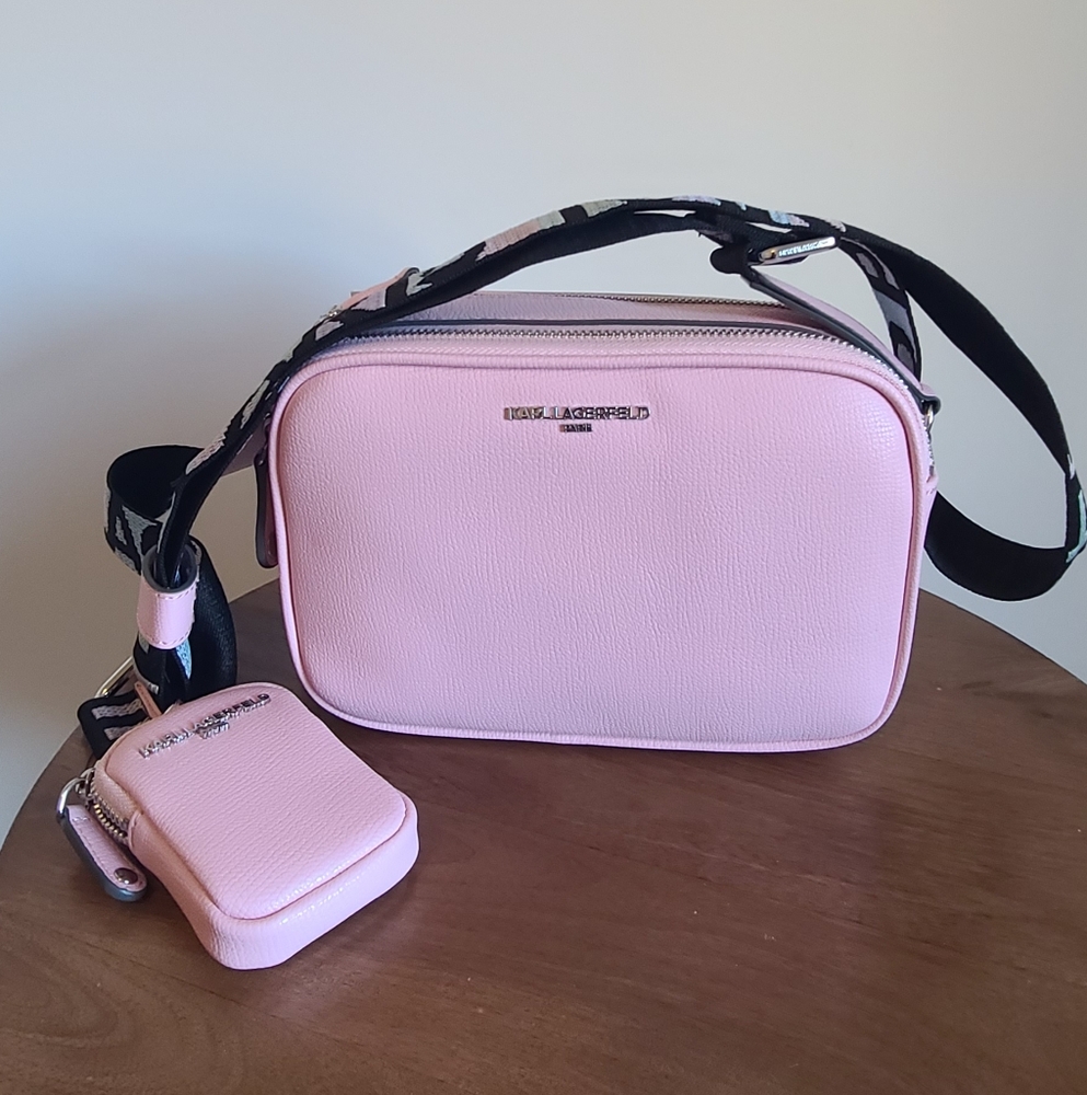 NEW Karl Lagerfeld Paris Maybelle Camera Crossbody Bag in pink with coin pouch